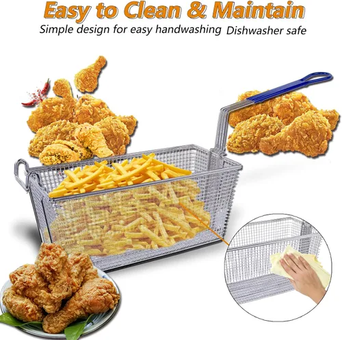 Vista 5 de Hakka - Paquete de 4 cestas comerciales para freidoras, 13.25 x 6.5 x 6 pulgadas con mango antideslizante, resistente niquelado para restaurantes