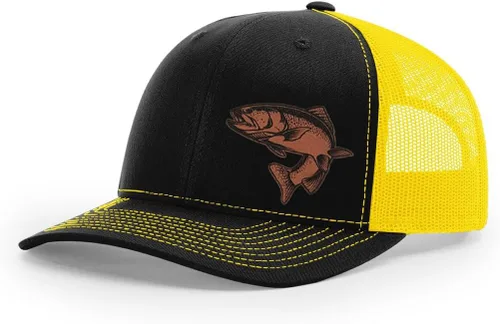 Vista 23 de Sombrero de pesca de trucha con parche de cuero grabado láser Richardson 112 Snapback Trucker Cap