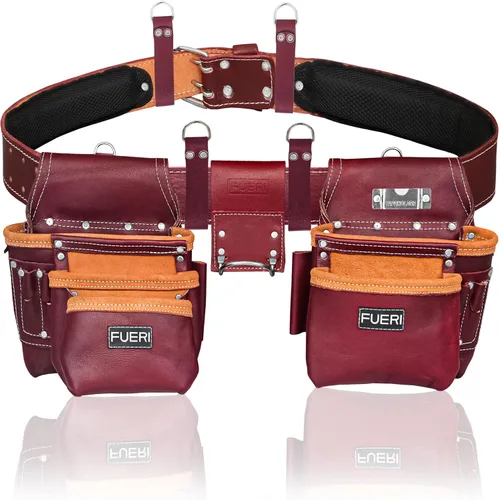Vista 8 de FUERI Cinturón de herramientas de cuero con tirantes, bolsas de servicio pesado, bolsas para herramientas para hombres, carpinteros, construcción