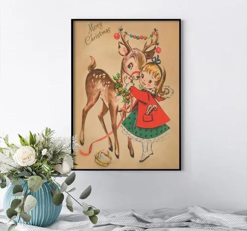 Vista 2 de Huabsad Arte de pared vintage de Navidad, regalos retro para niños, niñas lindas abrazando ciervos, impresiones estéticas de imágenes rústicas