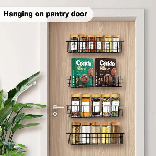 Vista 7 de Organizador de especias para montaje en pared, paquete de 2 cestas de almacenamiento de alambre negro para pared o puerta de gabinete en cocina
