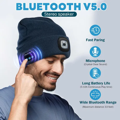 Vista 4 de Gorro Bluetooth con luz, unisex, recargable, LED, con auriculares, regalos técnicos para hombres, mujeres, papá