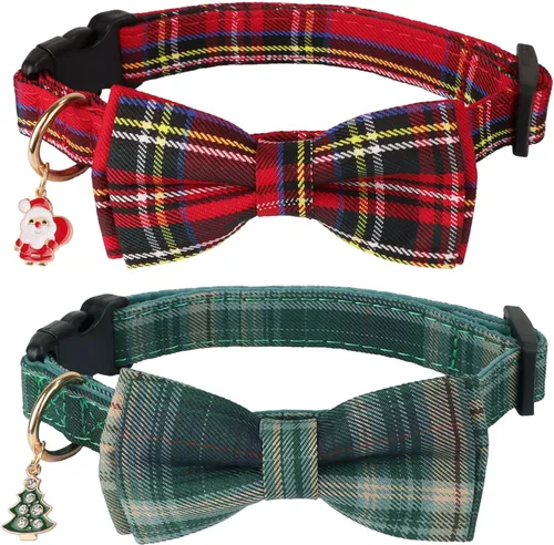 Vista 8 de ADOGGYGO Collares de Navidad para Perros con Corbatín, Collar Ajustable de Navidad para Mascotas con Corbatín Rojo Verde, Collares de Navidad