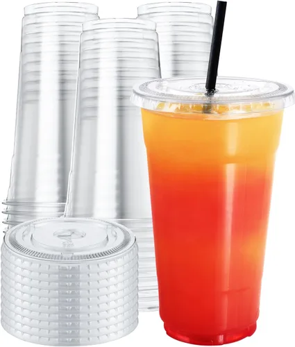 Vista 7 de NEEBAKE 150 Juegos de Vasos de Plástico Desechables de 9 oz con Tapas - Vasos Transparentes para Beber, Vasos de Plástico para Café Helado, Batidos