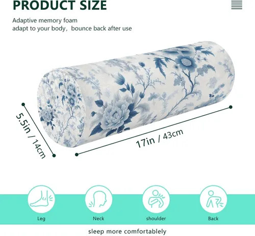 Vista 3 de Qilmy Blue and White Florals Neck Roll Pillow, Memory Foam Round Pillow Cylinder Bolster Pillow for Sleeping, Cervical Roll Pillows for Pain Relief