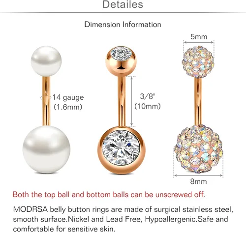 Vista 3 de MODRSA Belly Button Ring Surgical Steel Belly Rings Hypoallergenic Belly Button Rings for Women
