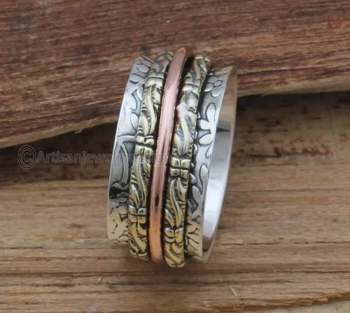 Vista 4 de 925 Silver Ring, Handmade Ring Women, Fidget Spinner Ring, Boho Silver Ring, Unique Spinner Ring, Meditation Silver Ring, Spinner Band Ring, Chunky