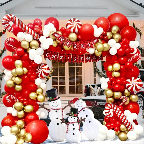 Vista 4 de DBKL Kit de arco de guirnalda de globos de Navidad, 153 piezas con globos de Navidad, rojo, dorado y blanco, globo de aluminio de bastón de caramelo