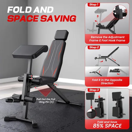 Vista 6 de OPPSDECOR Banco de pesas ajustable, banco de entrenamiento plegable resistente de 800 libras con extensión de piernas y rizo, almohadilla de rizo