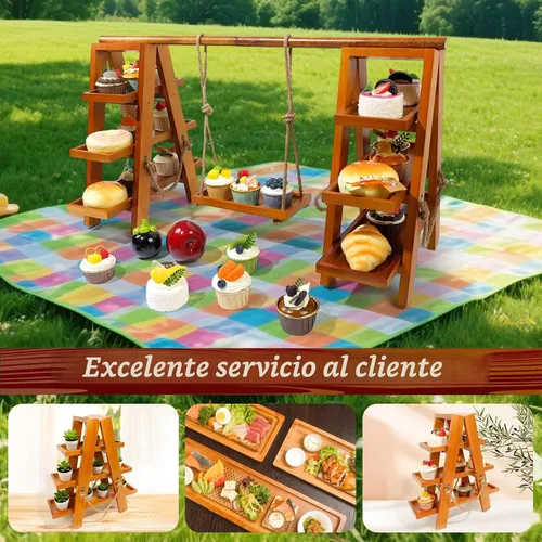 Vista 4 de Tnstbiee Soporte para cupcakes de 3 niveles, soporte de exhibición de madera para postres, frutas, frutos secos, queso, bandejas extraíbles