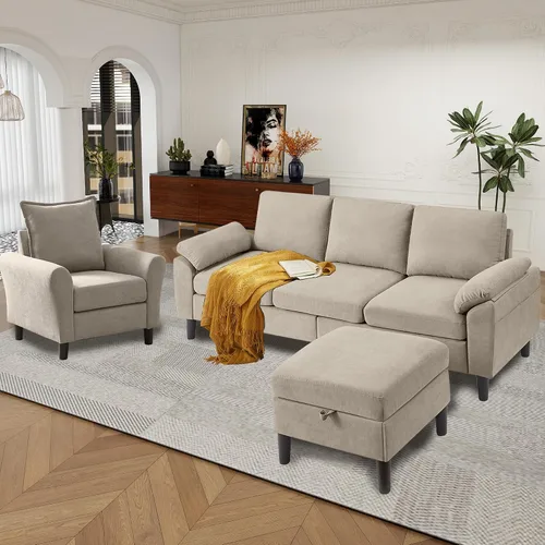 Vista 14 de Juego de sofá modular convertible de 79 pulgadas, moderno sofá pequeño en forma de L de lino con otomana reversible y sofá biplaza, sofás de 3 Beige