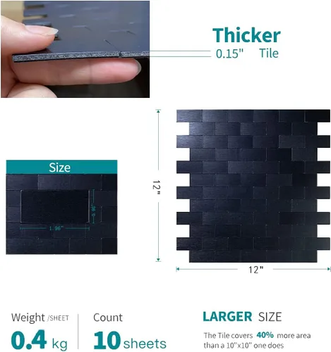Vista 3 de XUANINY - Azulejos autoadhesivos de metal para loseta en muro, 10 hojas, aluminio cepillado, estilo metro, adhesivo 3D para pared de cocina y baño