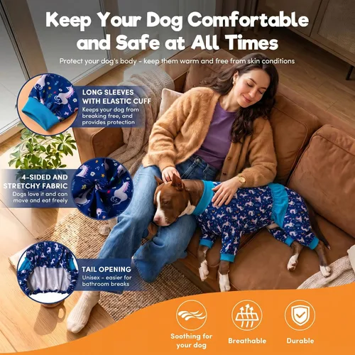 Vista 6 de LovinPet Pijamas Grandes para Perros – Camisa de unicornio para perro, mameluco de recuperación poscirugía, sirenas y unicornios estampado Azul
