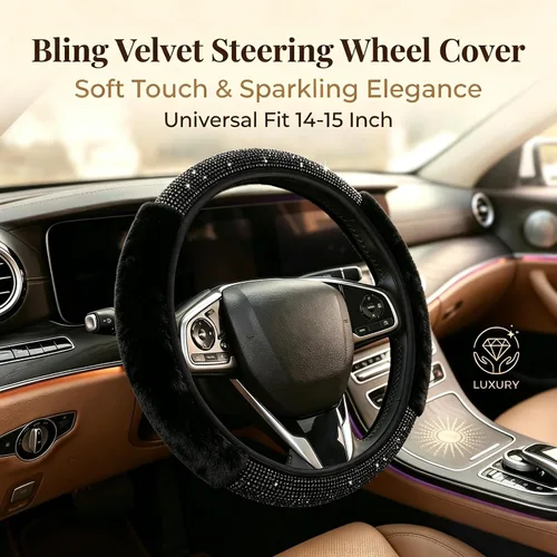 Vista 4 de Funda para volante con destellos para mujeres y niñas, cubierta de volante de diamantes de imitación de color negro con brillantes de piel
