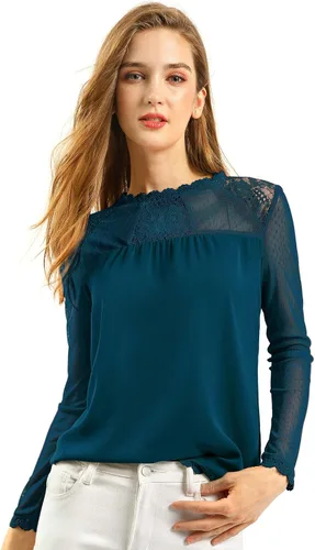 Vista 2 de Allegra K Blusa de manga larga de encaje de malla transparente para mujer