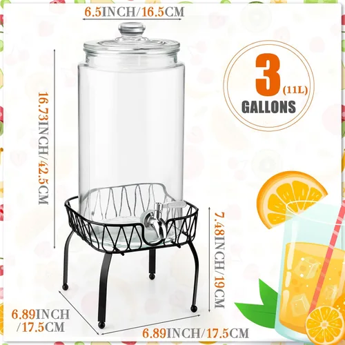 Vista 2 de Honeydak Dispensador de bebidas de vidrio de 3 galones para fiestas, dispensador de bebidas de vidrio con soporte y espita a prueba de fugas