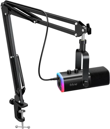Vista 10 de FIFINE XLR Micrófono Gaming USB, Kit de Micrófono Dinámico para PC para Vocal, Grabación, Podcast, Micrófono RGB de Streaming con Conector para Rosa