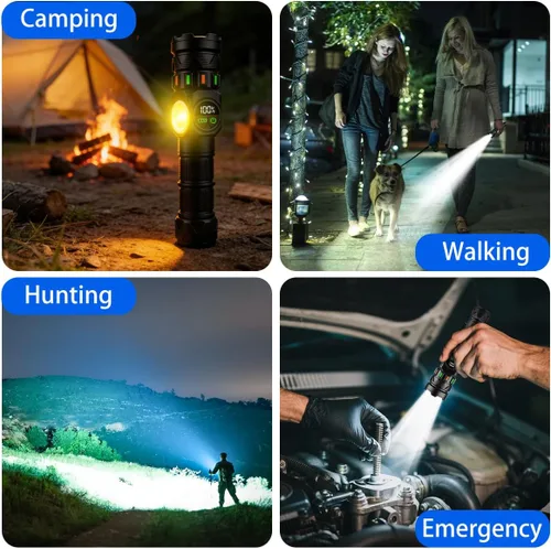 Vista 15 de Linternas recargables de alto lúmenes 5000 de larga distancia, luces LED superbrillantes con luz lateral COB pantalla LCD USB C, fuente de luz dual