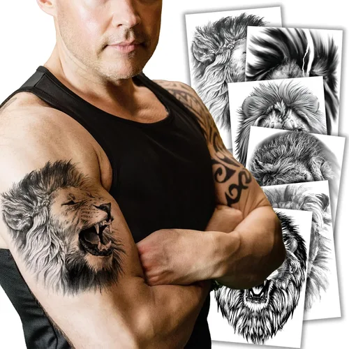 Vista 13 de Kotbs 6 hojas de tatuajes temporales de animales en 3D para mujeres y hombres, tatuajes realistas impermeables falsos con patrón de lobo y león