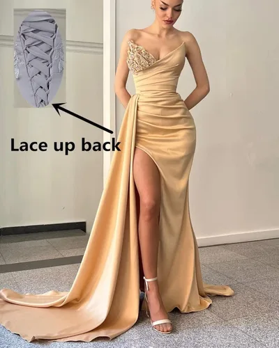 Vista 6 de Sirena lentejuelas con cuentas de satén vestidos de baile largo hendidura formal vestido de noche sin tirantes vestido de invitado de boda sin