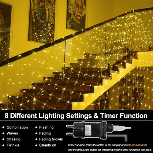 Vista 5 de echosari Luces de red para exteriores de 20 x 13 pies, enchufables con control remoto, 720 luces LED de red de Navidad IP68, totalmente impermeables