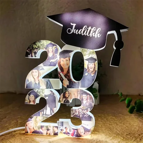 Vista 9 de Luces de pared personalizadas para collage de fotos de 1 a 10 años, gorra de graduación, luz acrílica, decoraciones de temporada de graduación
