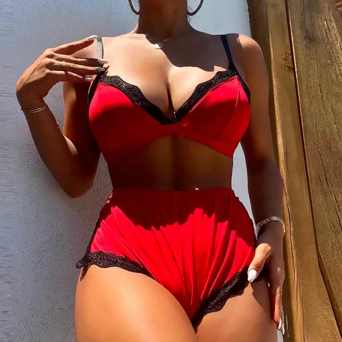 Vista 2 de Lencería sexy para mujer, talla grande, ropa interior erótica, sujetador+bragas, conjunto de 2 piezas, camisón para sexo, juego travieso, rojo, Rojo