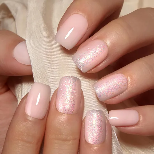Vista 30 de CurvLife Uñas postizas cuadradas cortas a presión, terciopelo degradado Paris Script