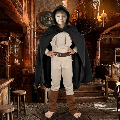 Vista 3 de HODBLKT Capa con capucha verde renacentista para niños, capa medieval de hobbit con capucha para Halloween
