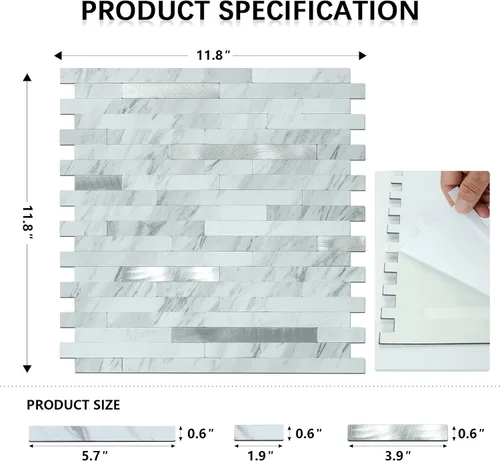 Vista 3 de Midcard 10 hojas de azulejos de pared adhesivo PVC para salpicaduras de cocina Mármol Blanco Rectangular con Plata Metálica