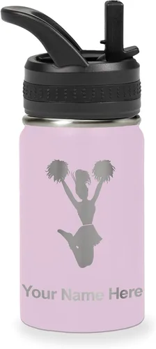 Vista 19 de LaserGram Botella de agua con tapa abatible de doble pared de 12 onzas con pajita, animadora, grabado personalizado incluido (negro)