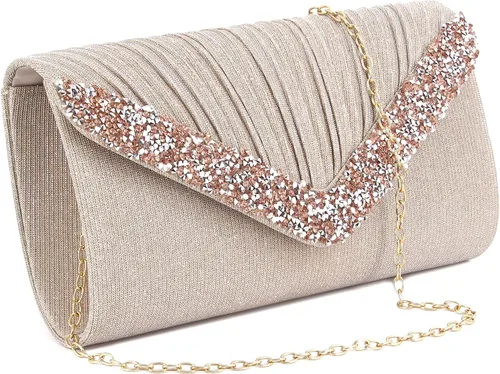 Vista 9 de Naimo Aleta deslumbrante bolso de embrague bolso de noche con cadena desmontable Champagne01 Plisado