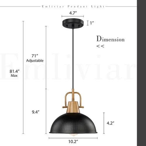 Vista 6 de Emliviar GE269MIL BK+WD - Lámpara colgante moderna de 10.2 pulgadas, lámpara colgante moderna para isla de cocina, pantalla de cúpula de metal negro