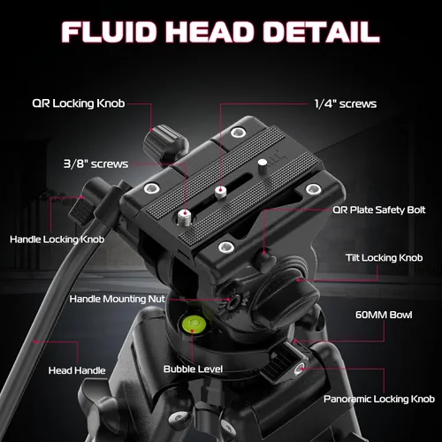 Vista 4 de ULANZI Trípode de video para cámara MT-81 con cabezal fluido de 360 grados, soporte de trípode de aleación de aluminio resistente de 61 pulgadas