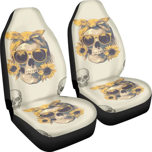 Vista 3 de Mumeson Fundas protectoras de asiento delantero de automóvil con estampado de calavera y girasol, fundas elásticas para asiento de automóvil, 2