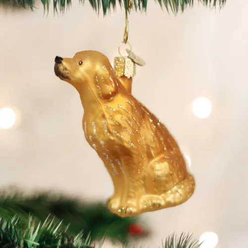 Vista 2 de Old World Christmas Figura decorativa colgante de Golden Retriever de vidrio soplado para árbol de Navidad, decoración festiva artesanal, colección