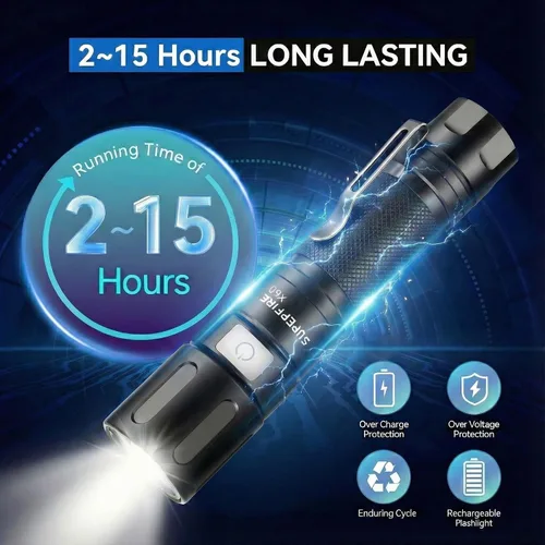 Vista 4 de SuperFire 1000 lúmenes, linternas LED recargables súper brillantes, linterna táctica con zoom con potentes chips, linterna de bolsillo de 4 modos