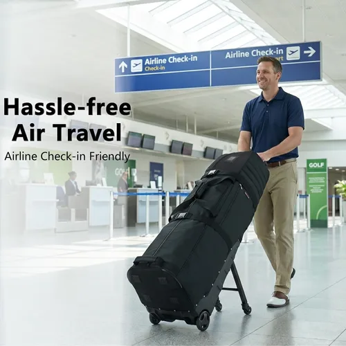 Vista 2 de Wheeled Golf Travel Bag with Stand, Adjustable 2 or 4 Wheels, Thickened Padded Protection, Rolling Travel Case with Handles, with Password Lock