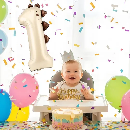 Vista 6 de Globo de dinosaurio número 1, globo de aluminio beige de 30 pulgadas para decoración de fiesta de cumpleaños de 1º cumpleaños de la selva