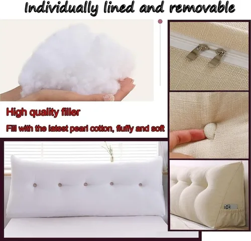 Vista 5 de Almohada triangular para cabecero, almohada de cuña grande para respaldo de lectura para sofá cama, cojín triangular con bolsillo y funda extraíble