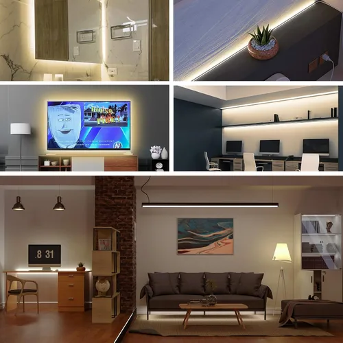 Vista 7 de Tira de luz LED USB de 6.56 pies, 5 voltios alimentada por USB, luces LED COB de 3000 K, blanco cálido de 0.315 in, tiras flexibles de alta densidad