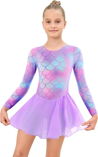 Vista 3 de EQSJIU Leotardo de ballet de manga larga con falda tutú para niñas, baile, gimnasia, niños pequeños, vestido de fiesta de copo de nieve brillante