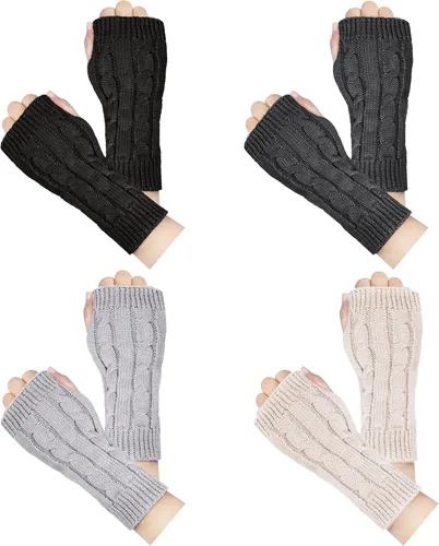 Vista 14 de Loritta Guantes sin dedos para mujer, calentadores de brazos con orificio para el pulgar de invierno de punto y ganchillo A1-beige/gris claro/gris