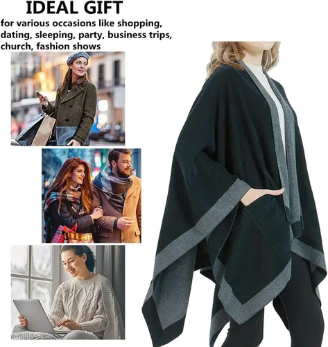 Vista 3 de ecoinway Cárdigan tipo chal para mujer, diseño de ruana, con múltiples bolsillos, Multi