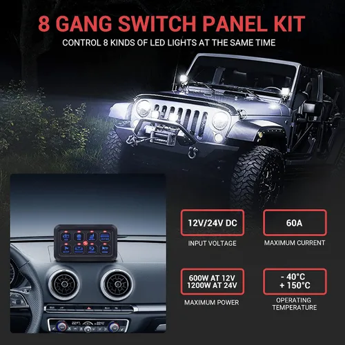 Vista 2 de Panel de interruptor de 8 bandas, caja de panel de control táctil LED azul, caja de interruptor táctil para automóvil, interruptor momentáneo