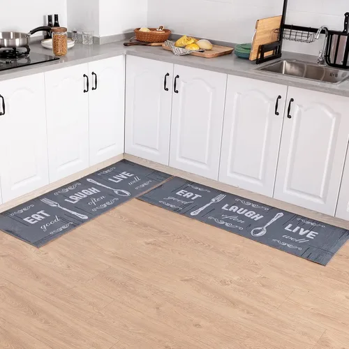 Vista 10 de Carvapet Juego de 2 alfombras de cocina con respaldo antideslizante, tapete para cocina, corredor de entrada, diseño de lema, negruzco/gris oscuro