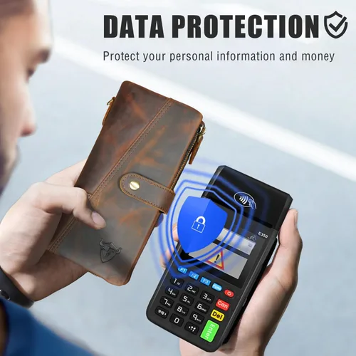 Vista 3 de Genuino Caballo Loco De Cuero De Viaje De Regalo De La Moneda De La Tarjeta De Bolsillo De La Caja Larga Organizador Cadena Rfid Monedero Con Snap
