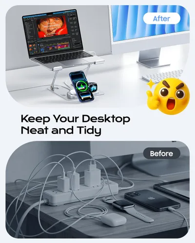 Vista 8 de Meifigno Soporte para laptop con base de estación de carga inalámbrica, soporte plegable de aluminio para MacBook con cargador MagSafe