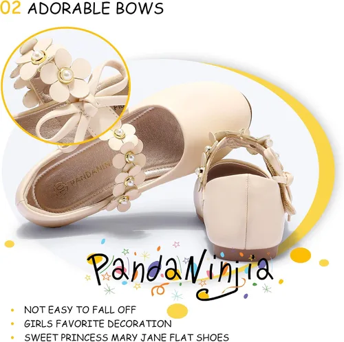 Vista 4 de PANDANINJIA Zapatos de vestir para niñas pequeñas, zapatos planos de flores con perlas, lazo Mary Jane, zapatos de flora para fiesta de boda