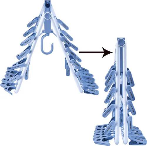 Vista 2 de Foshine Perchas plegables con clip, color azul, con 32 clips de secado, gancho a prueba de viento para ropa interior, calcetines, brasieres, ropa
